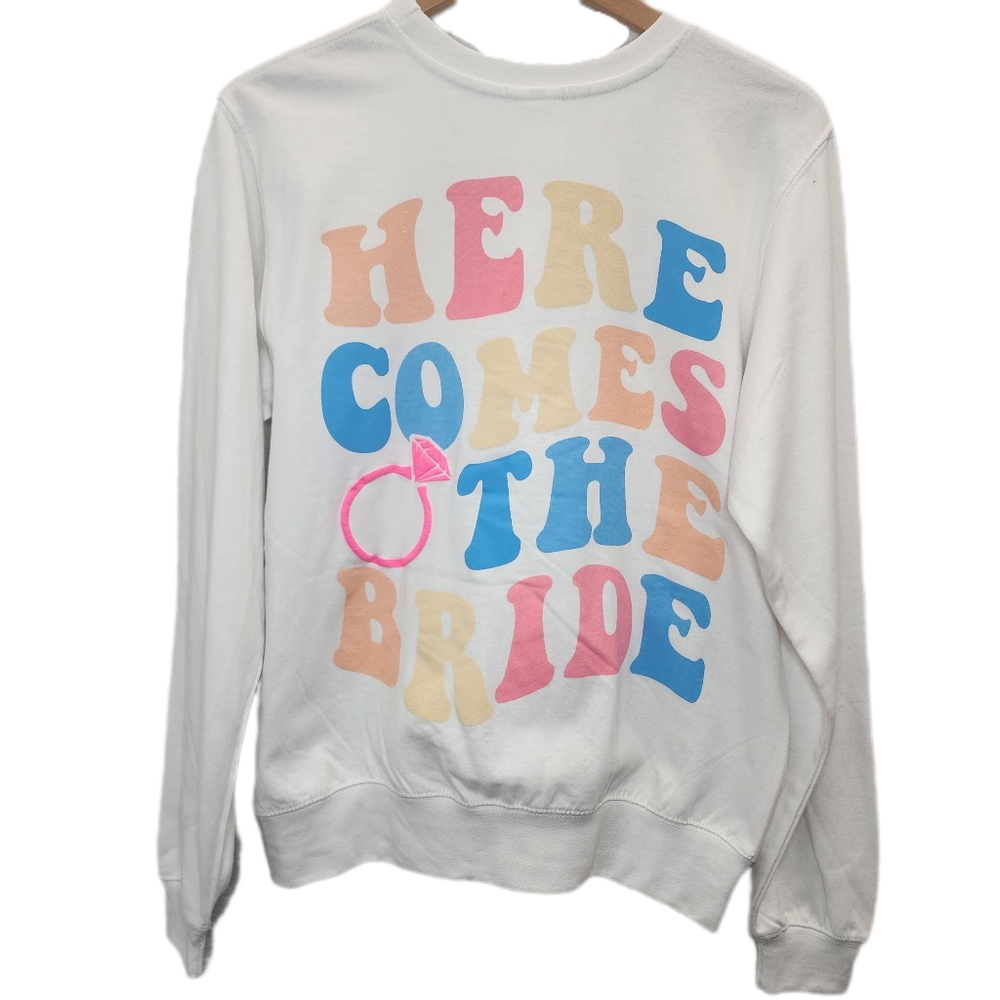 🆕️Pacific Co. Womens Small NWT White Colorful Bride Long Sleeve Bridal Spirit T